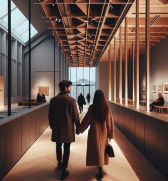 Et par som går hånd i hånd i et moderne museumsgalleri, myk varm belysning, nordisk minimalisme, intim stemning, inviterende farger