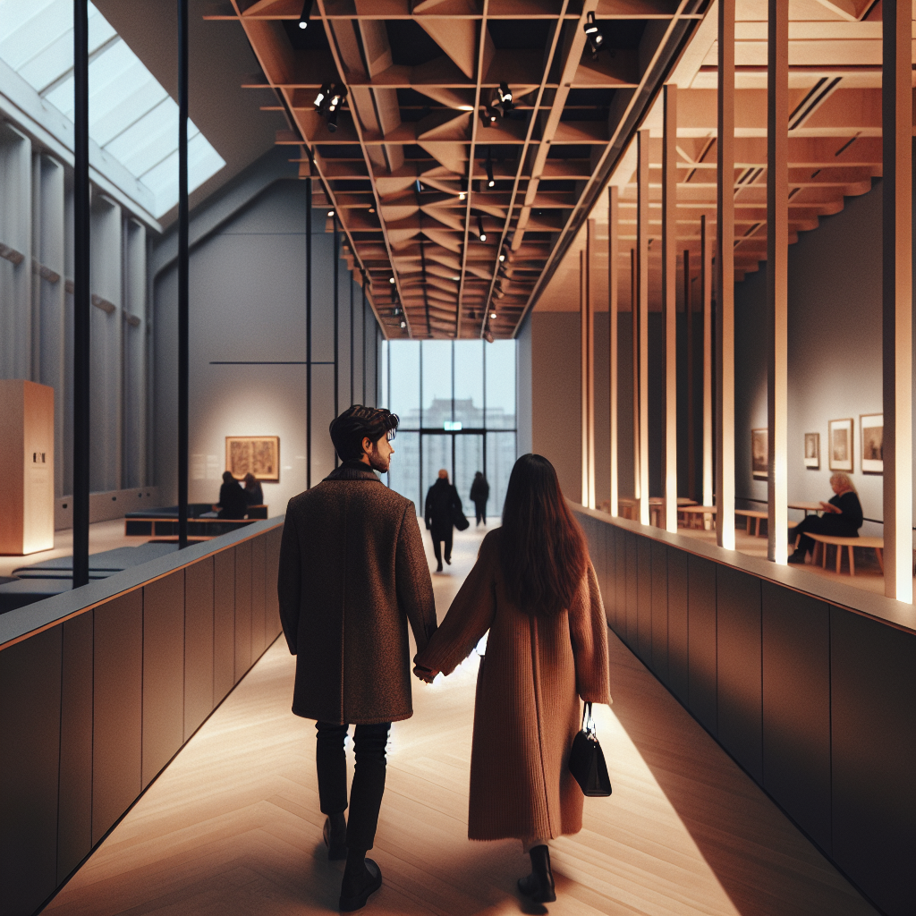 Et par som går hånd i hånd i et moderne museumsgalleri, myk varm belysning, nordisk minimalisme, intim stemning, inviterende farger