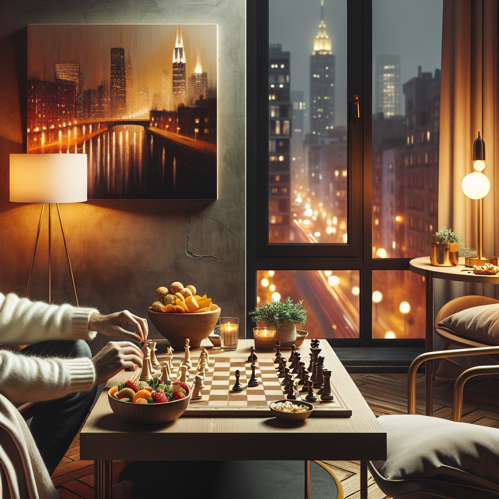 Et koselig spillbord for to i en byleilighet: varmt lys, brikkespill, snacks og to hender som smiler, intim og moderne atmosfære