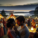 Et romantisk par på en liten utendørsfestival ved skumring, myk belysning, folkemengde i bakgrunnen, varm stemning, kulturelle installasjoner, nordisk kystlandskap i det fjerne