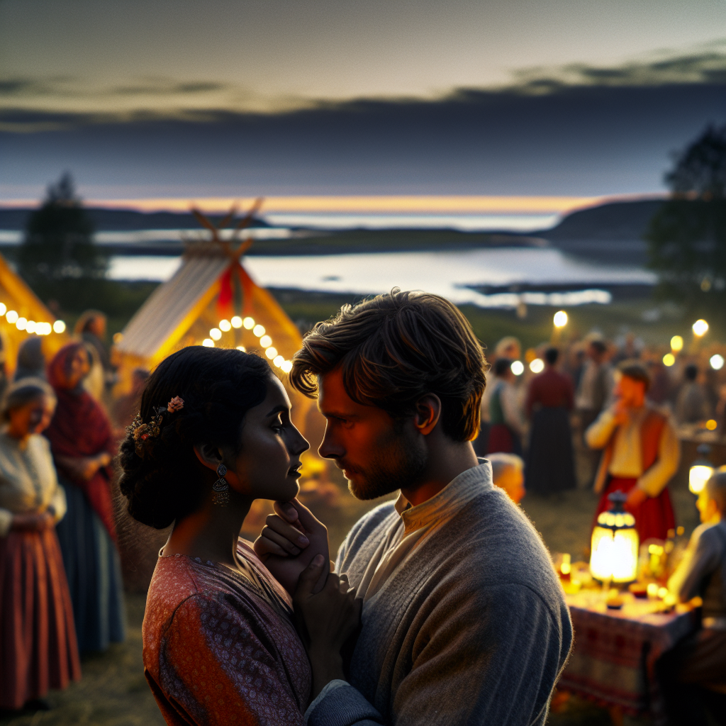 Et romantisk par på en liten utendørsfestival ved skumring, myk belysning, folkemengde i bakgrunnen, varm stemning, kulturelle installasjoner, nordisk kystlandskap i det fjerne