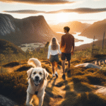 Et par som går tur med en lykkelig hund i norsk fjellandskap ved solnedgang; varm, romantisk stemning, natur, mykt lys, hund i forgrunnen