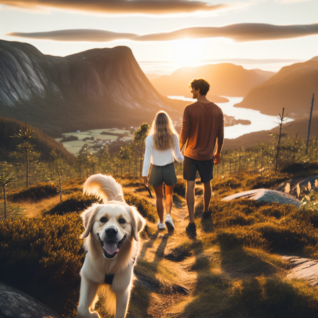 Et par som går tur med en lykkelig hund i norsk fjellandskap ved solnedgang; varm, romantisk stemning, natur, mykt lys, hund i forgrunnen
